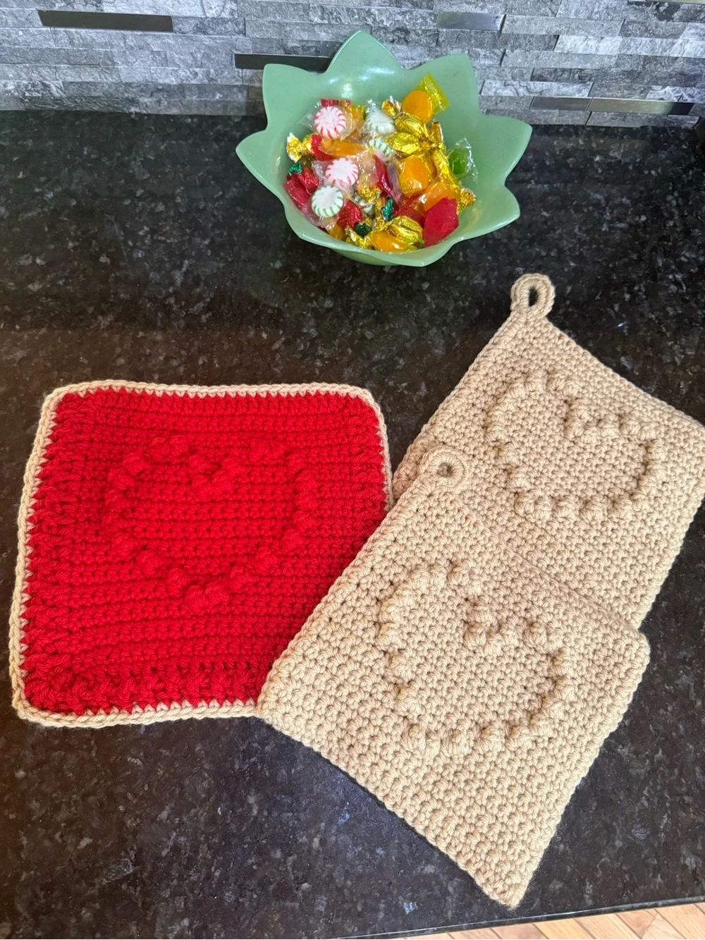 Handmade Crochet Reversible Heart 3 piece Mat and Potholders